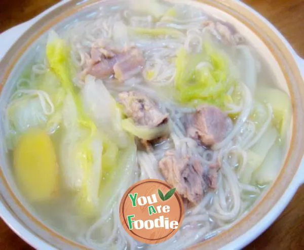 Noodles with mutton and cabbage in casserole