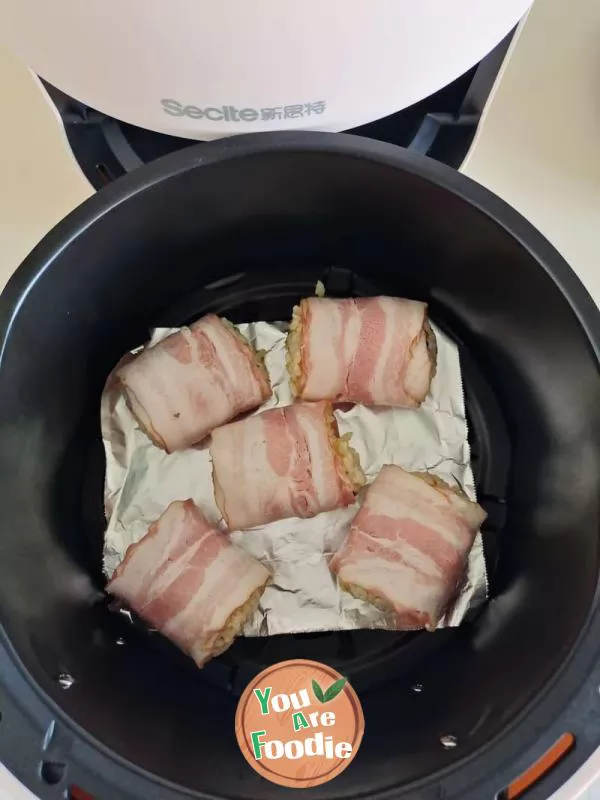 Air fried rice balls with bacon and cheese