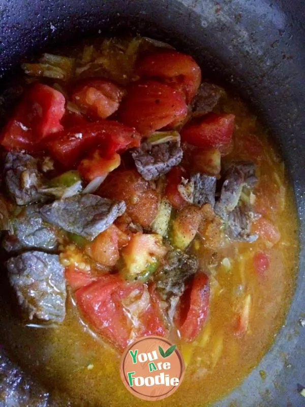 Fried beef with tomato and scallion