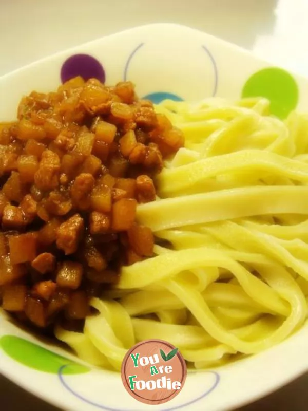Full of love -- two color hand rolling noodles with meat sauce