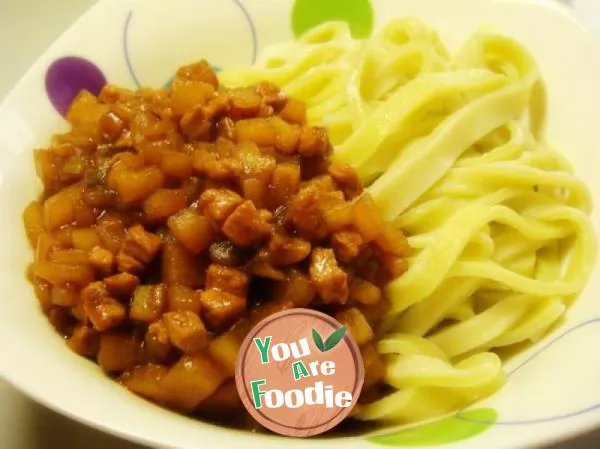 Full of love -- two color hand rolling noodles with meat sauce